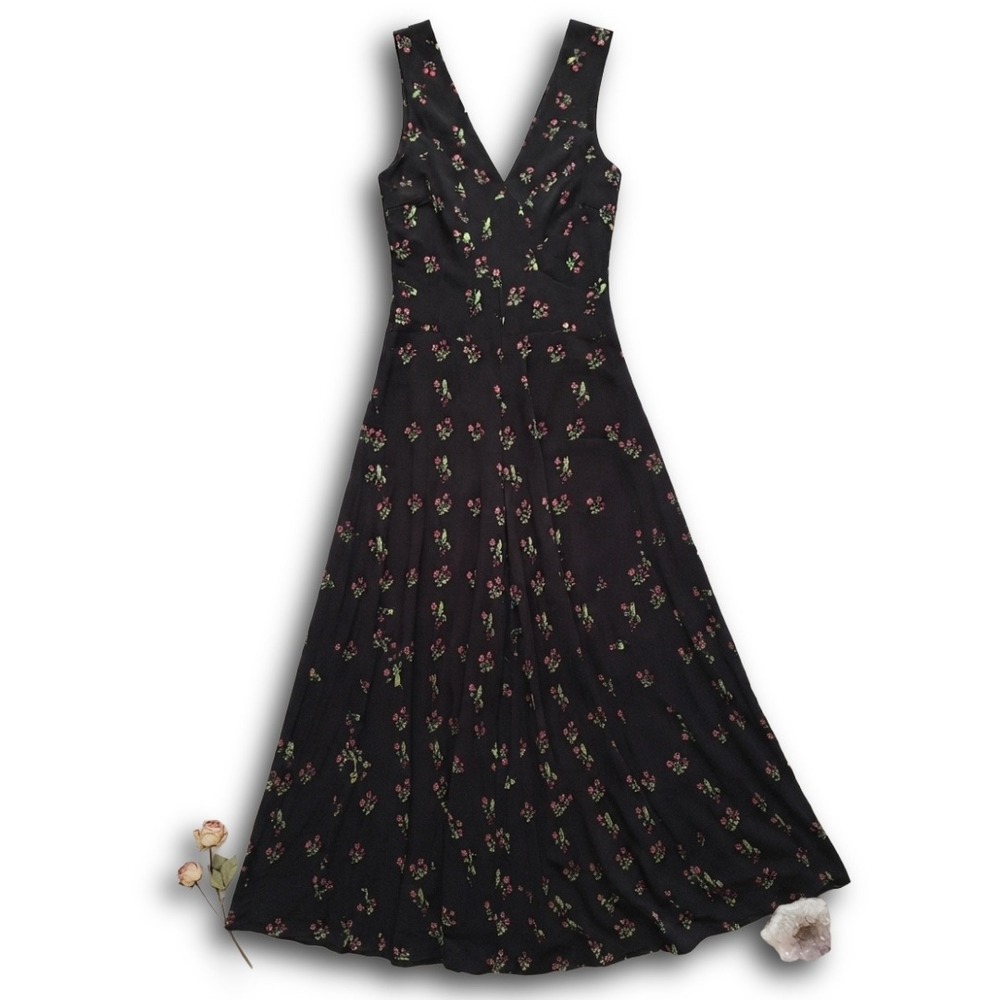 Realisation Par The Inez Black Strawberry Silk Floral Midi Dress V-Neck Size L